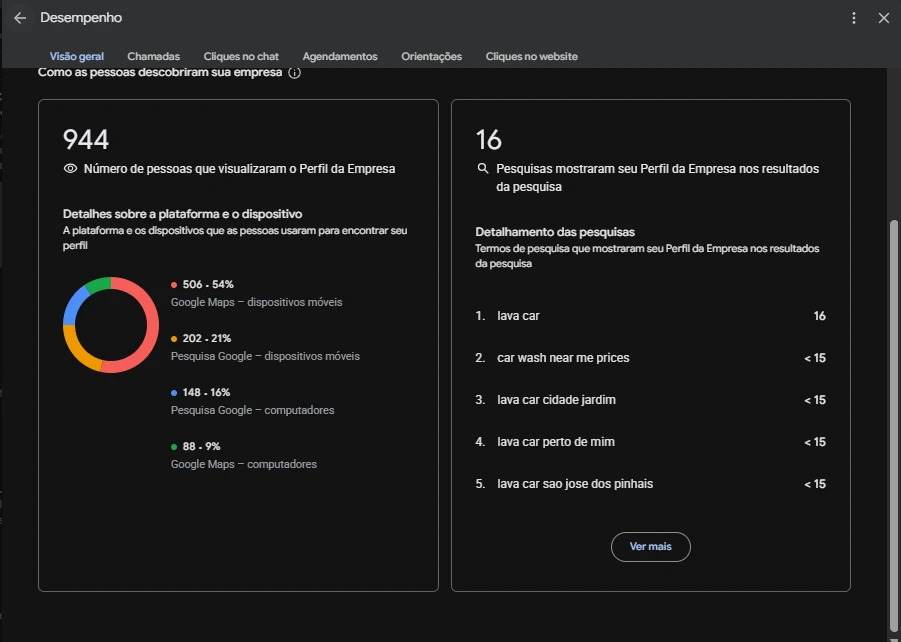 Painel do Perfil da Empresa no Google — Estética automotiva